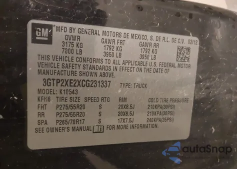 2012 GMC Sierra 1500 Denali z USA, uszkodzony, nr VIN 3GTP2XE2XCG231337